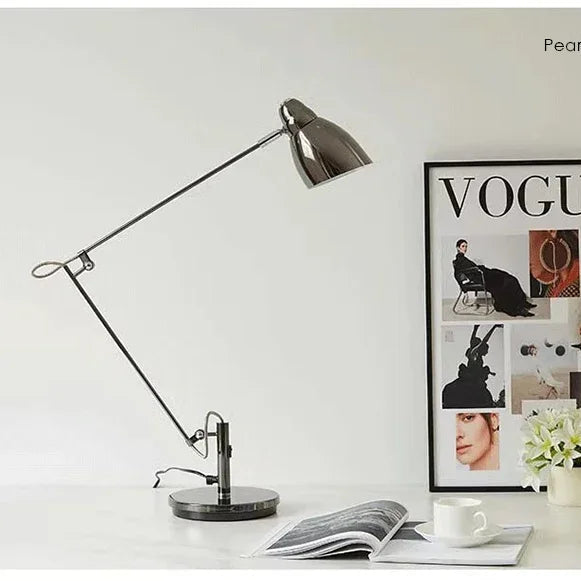 Adjustable aluminium desk lamp with long arm, brushed dark metallic finish, 80cm height, 70cm reach, 19cm base