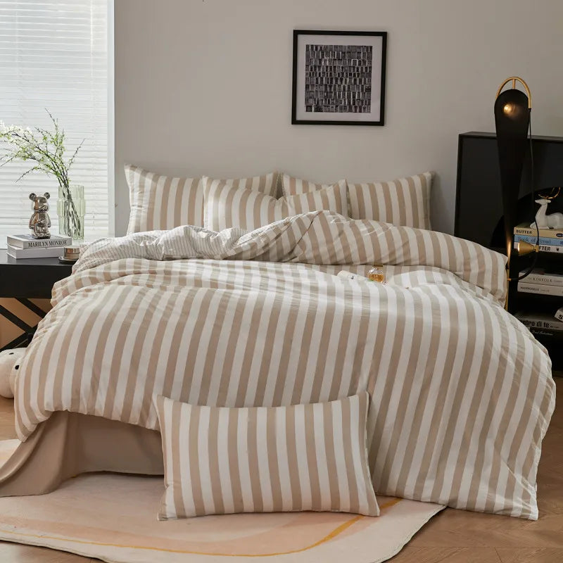 Sand beige and white striped duvet cover set with flat sheet and pillowcases