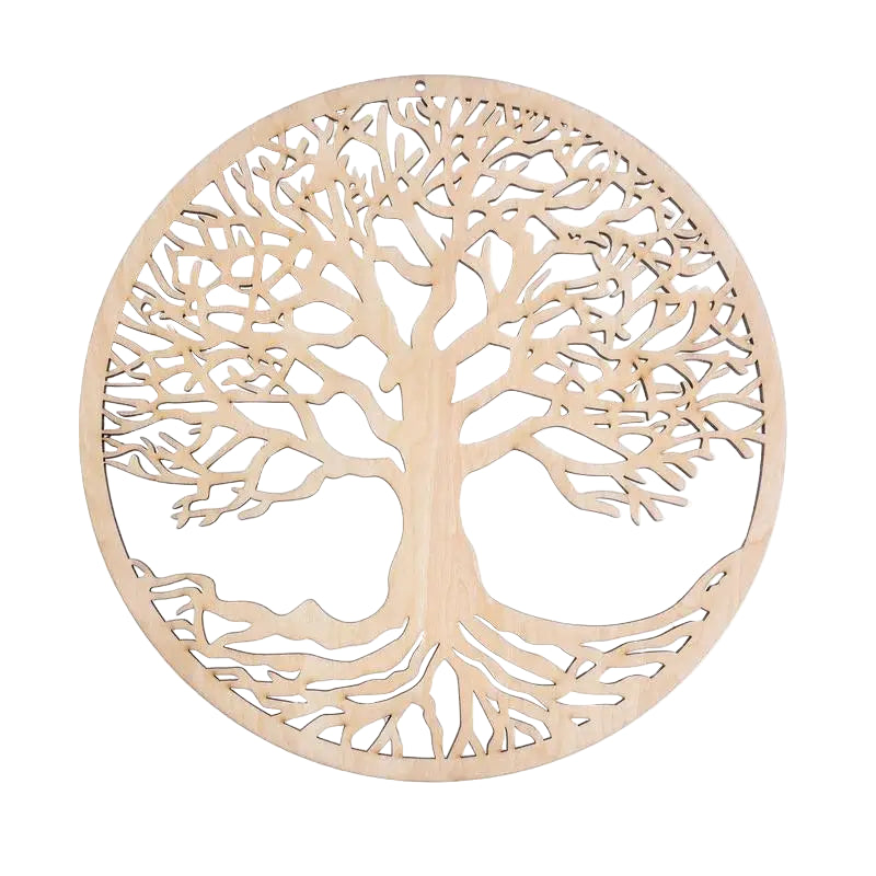 Wooden tree of life wall art with dimensions on a white background