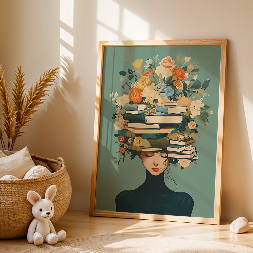 Framed artwork of a woman with books and flowers on her head in a room with a plant and plush toy.