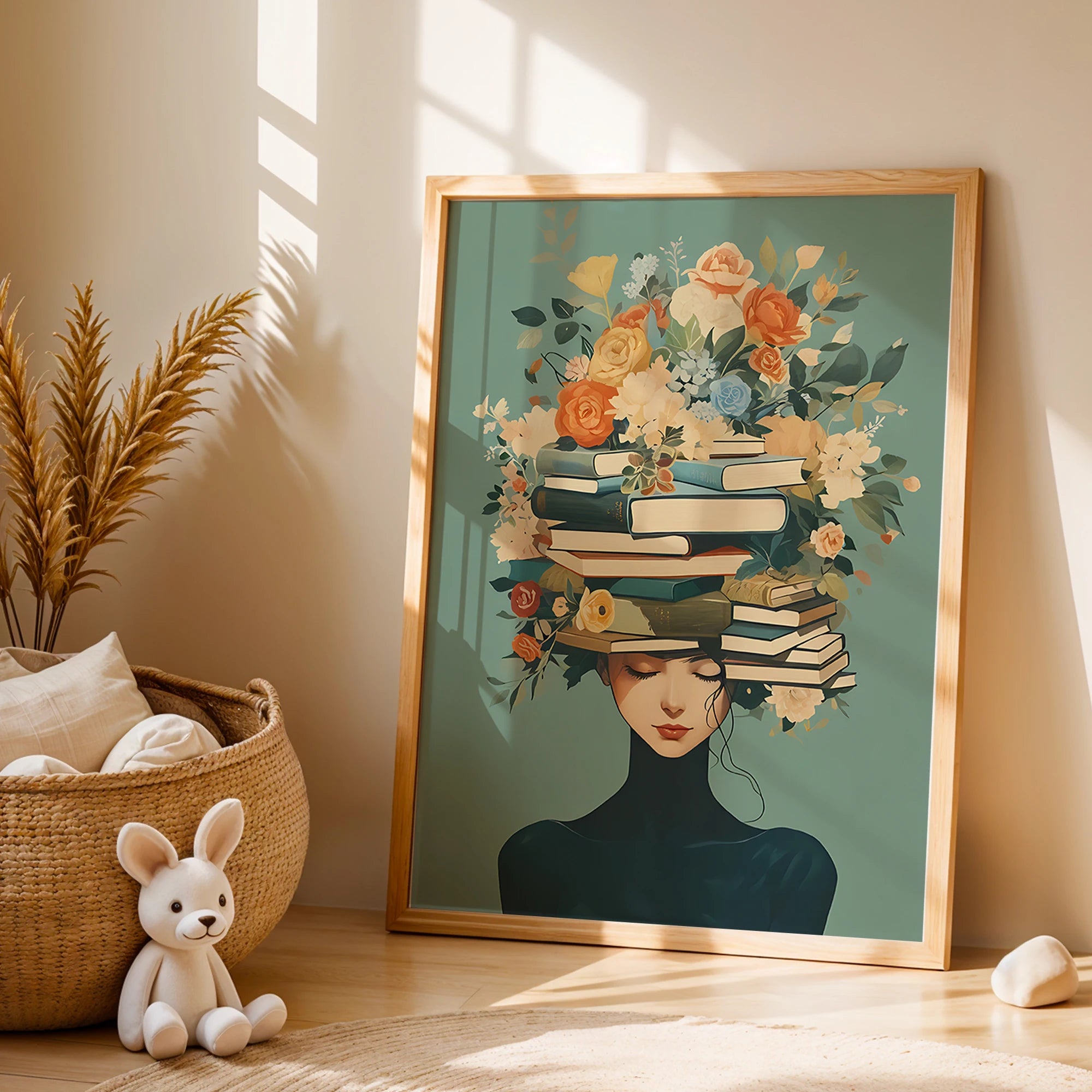 Framed artwork of a woman with books and flowers on her head in a room with a plant and plush toy.