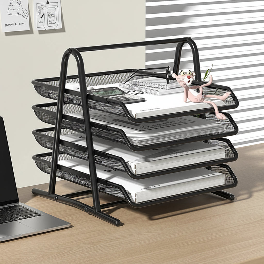 Black 4-tier desk organiser on a desk setup.