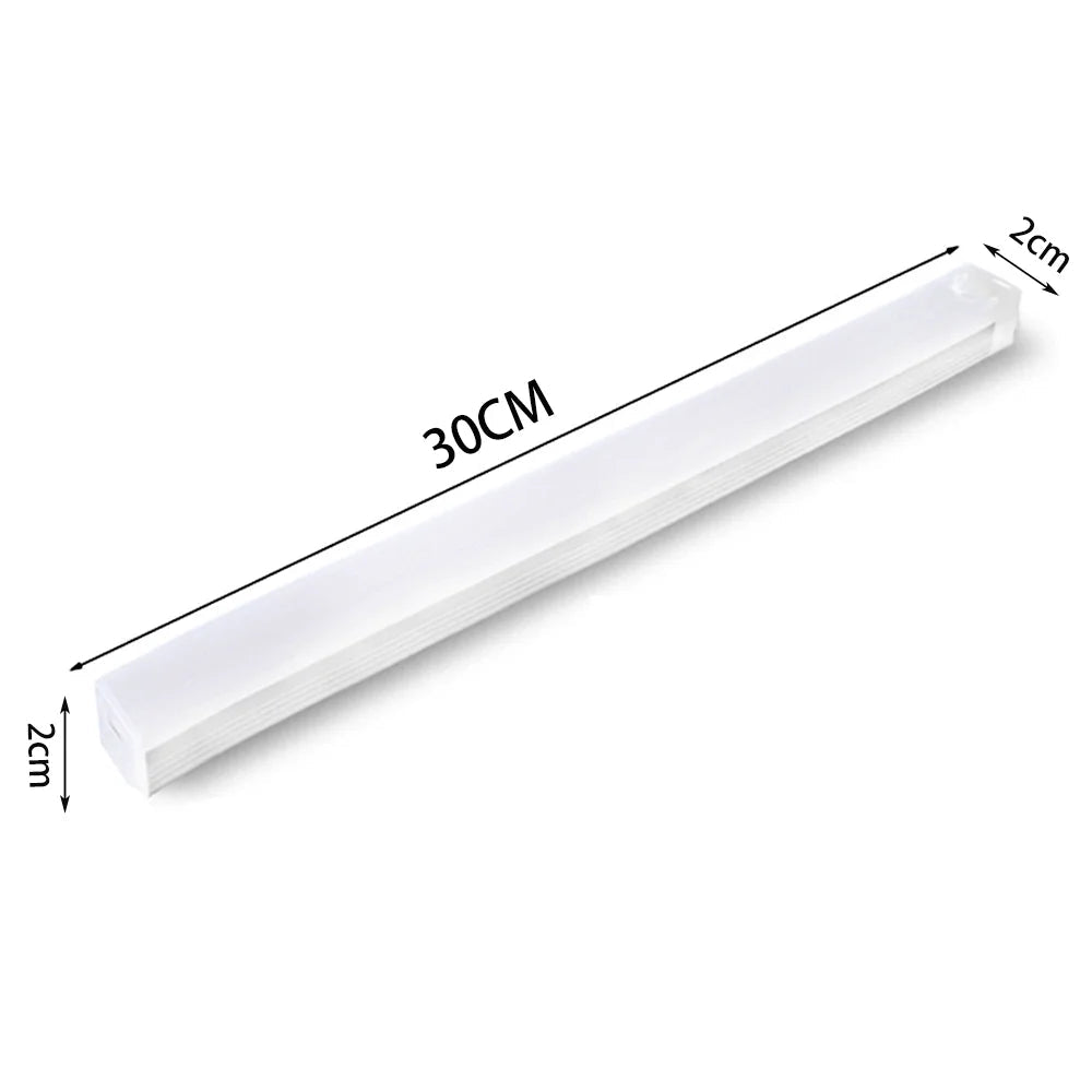 LED light bar with dimensions and USB cable on a white background