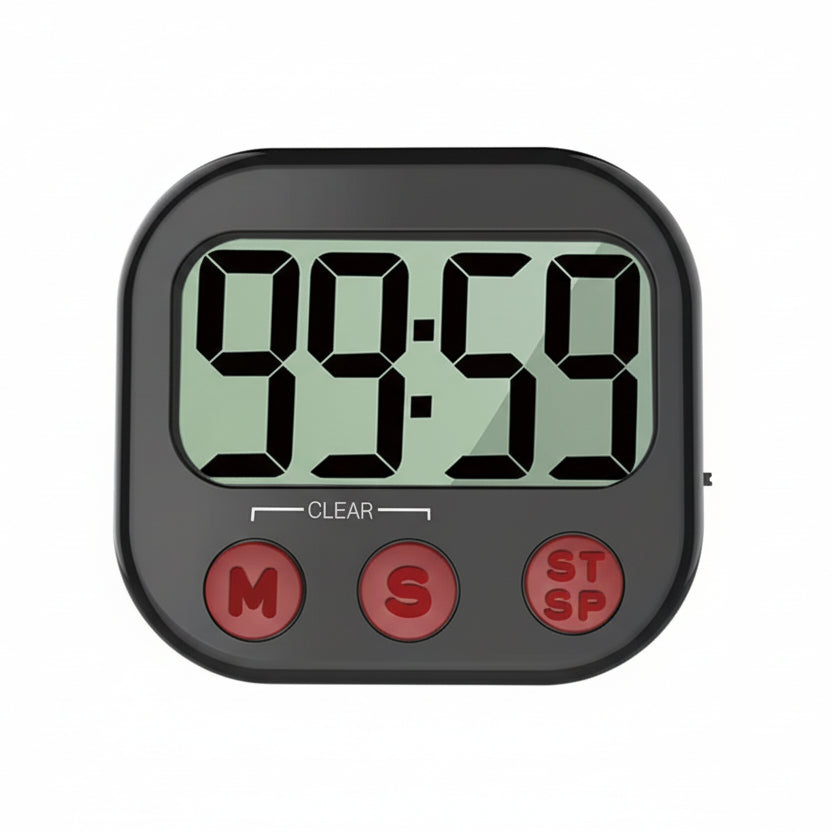 Digital timer with dimensions and weight displayed on a white background