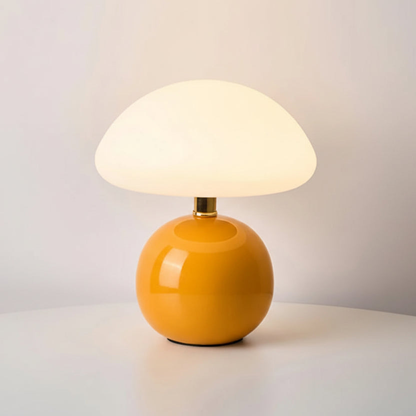 Yellow table lamp with dimensions and specifications on a light background