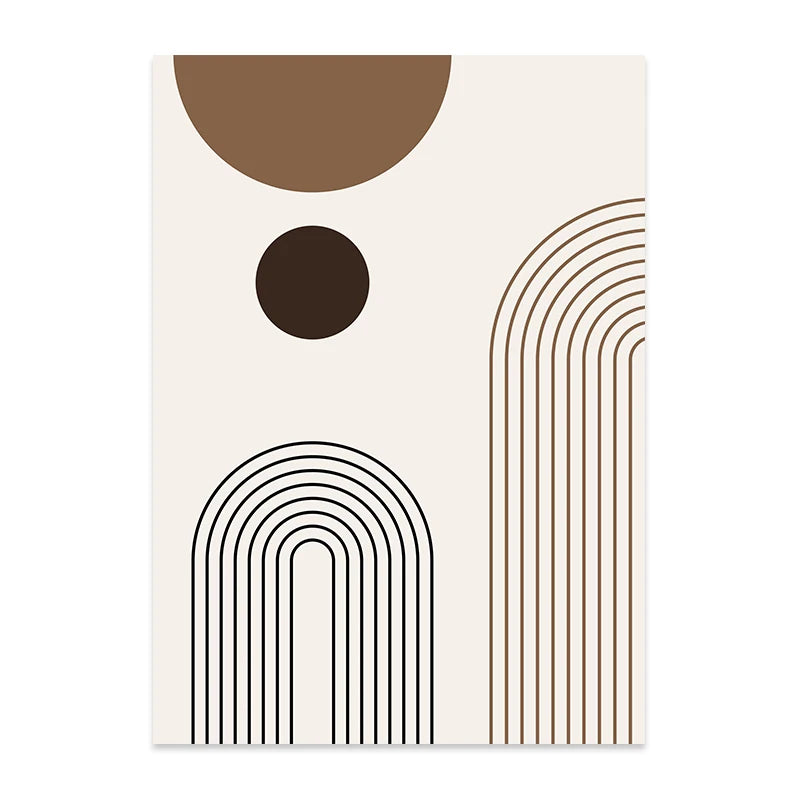 Abstract arch canvas print with black and brown linework and warm brown circular shapes on a light background