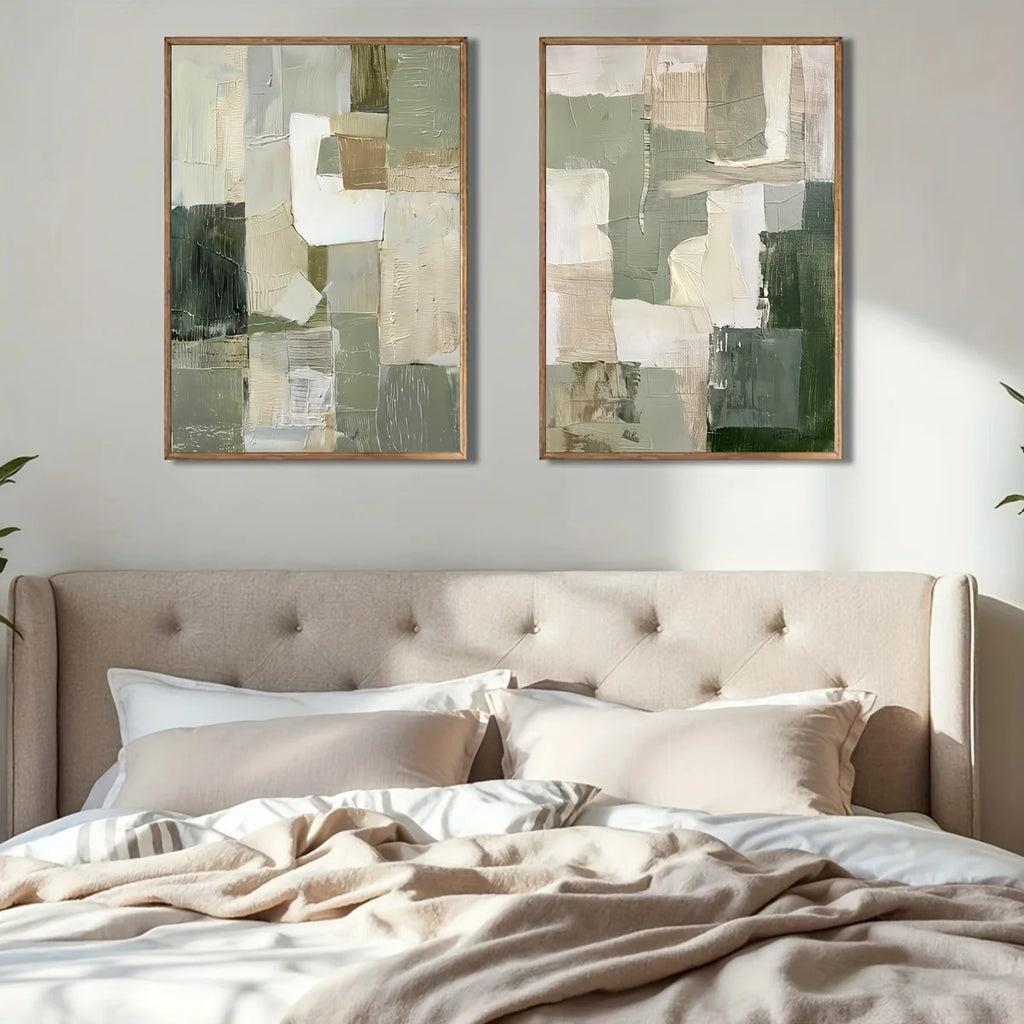 Two abstract art pieces above a bed in a bedroom setting.