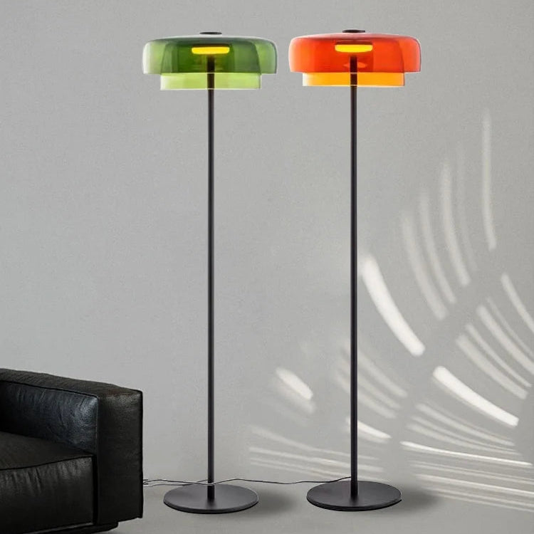 Modern mushroom floor lamps with double-layered emerald-green and amber glass shades, a black stainless steel frame, and a height of 145cm.