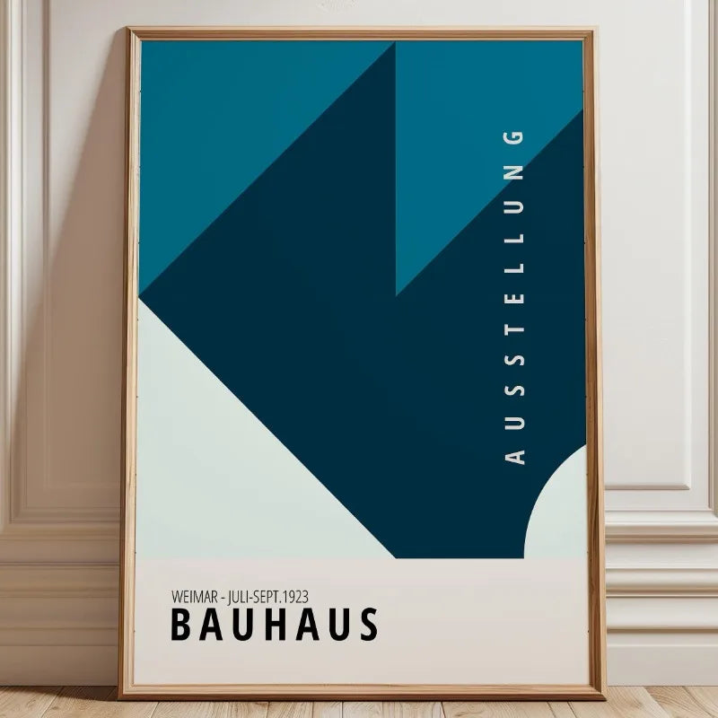 Bauhaus abstract canvas print with deep blue angular shapes and vertical text on a neutral background