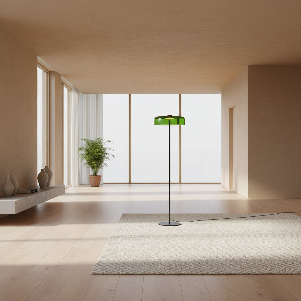Modern mushroom floor lamp with a single emerald green glass shade and black stainless steel frame, 145cm height.