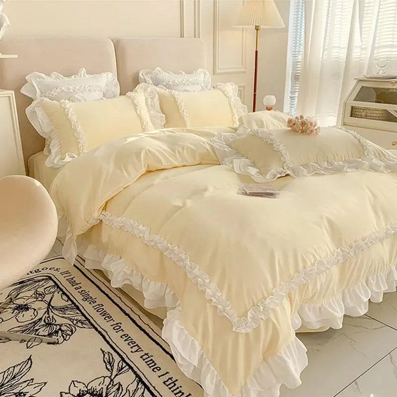 Buttercream Yellow): Buttercream yellow Korean-style bedding set with ruffled edges