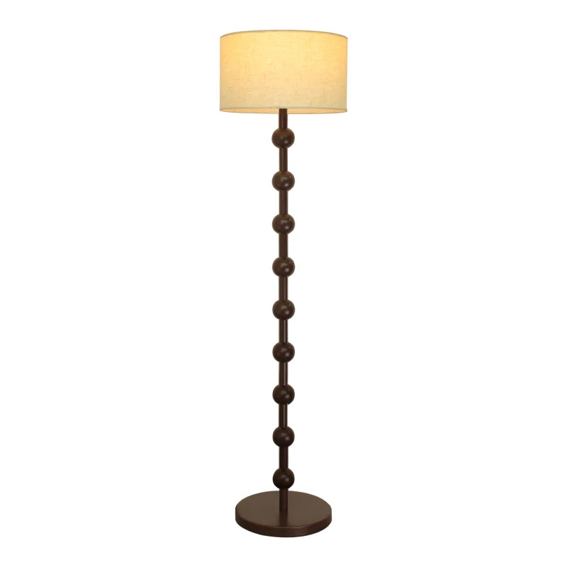 Minimalist floor lamp at 150cm height with a brown wood stem and integrated foot switch.