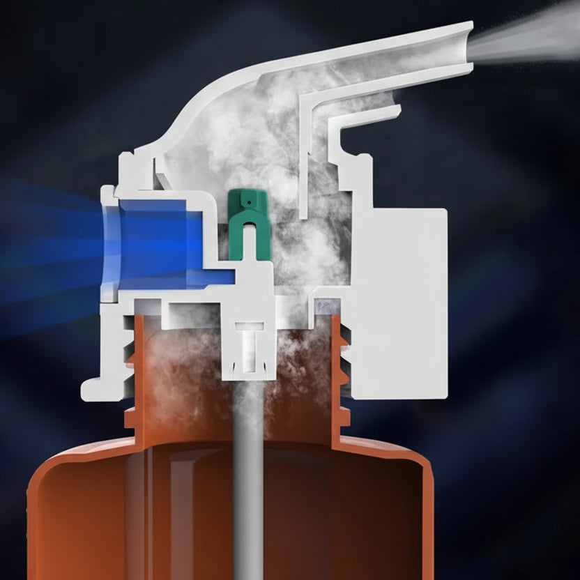 Diagram of an atomization process with fragrance mist on a dark background