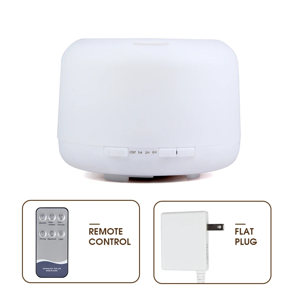 White diffuser with remote control and flat plug on a white background