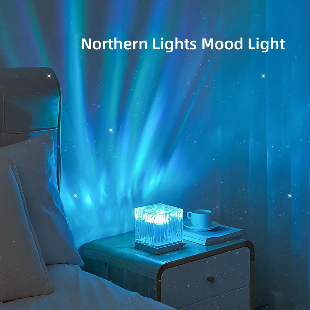 Mood light projecting a Northern Lights effect in a bedroom setting.