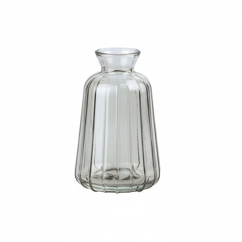 Clear glass vase with dimensions labeled on a white background