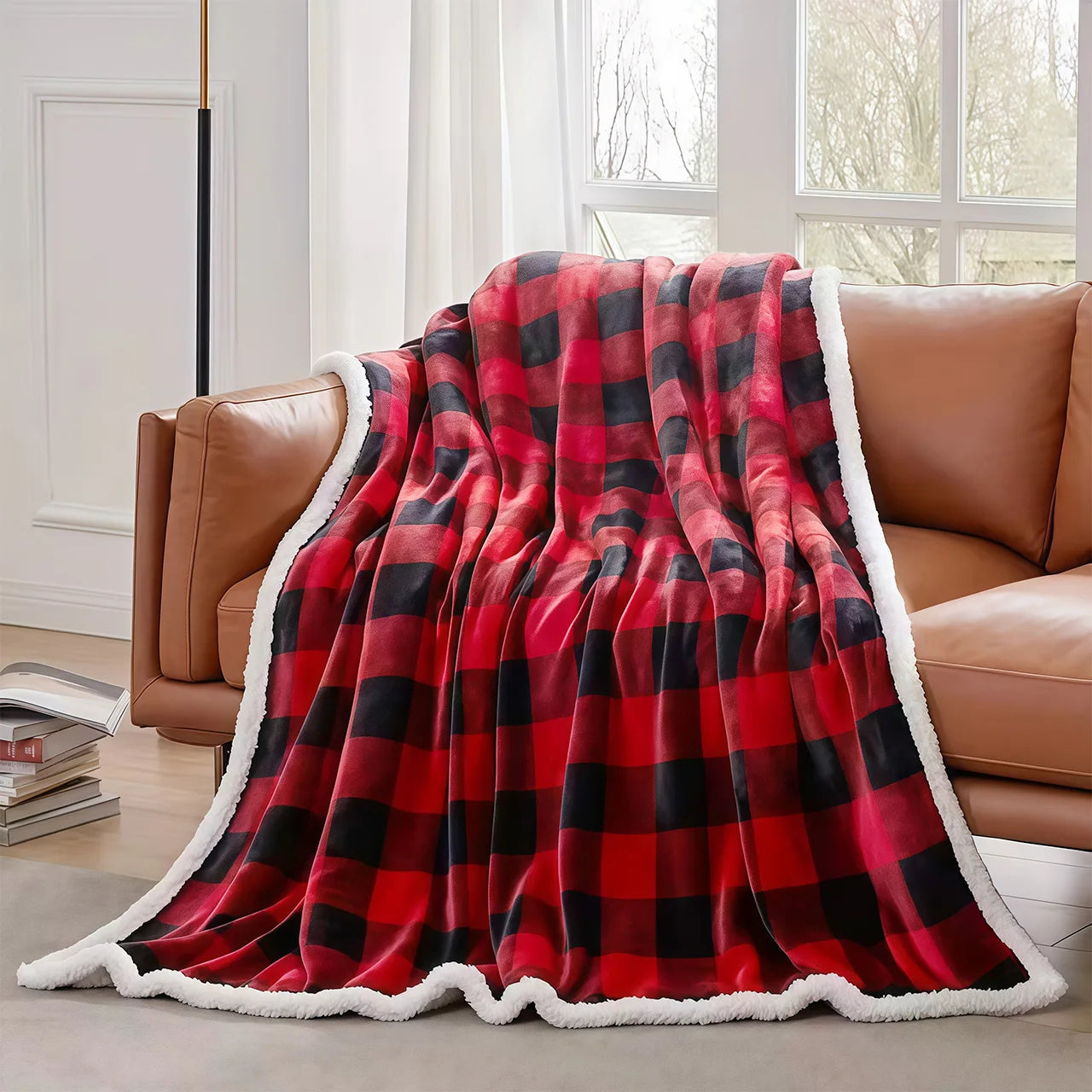 Red and black checkered blanket with white trim draped over a brown sofa in a living room.