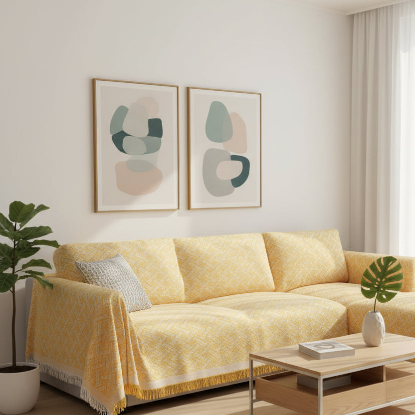 Soft yellow sofa cover draped over a small couch with cosy cushions
