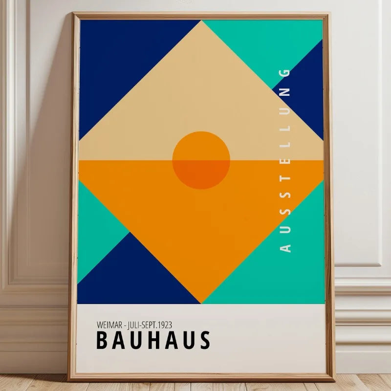 Colourful Bauhaus abstract print with orange circle, blue corners, and geometric diamond composition