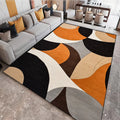 Retro-style rug with layered curved shapes in orange, brown, grey, and cream in a modern living room