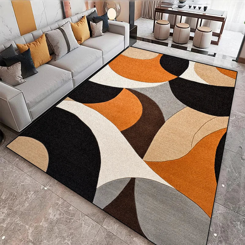 Retro-style rug with layered curved shapes in orange, brown, grey, and cream in a modern living room