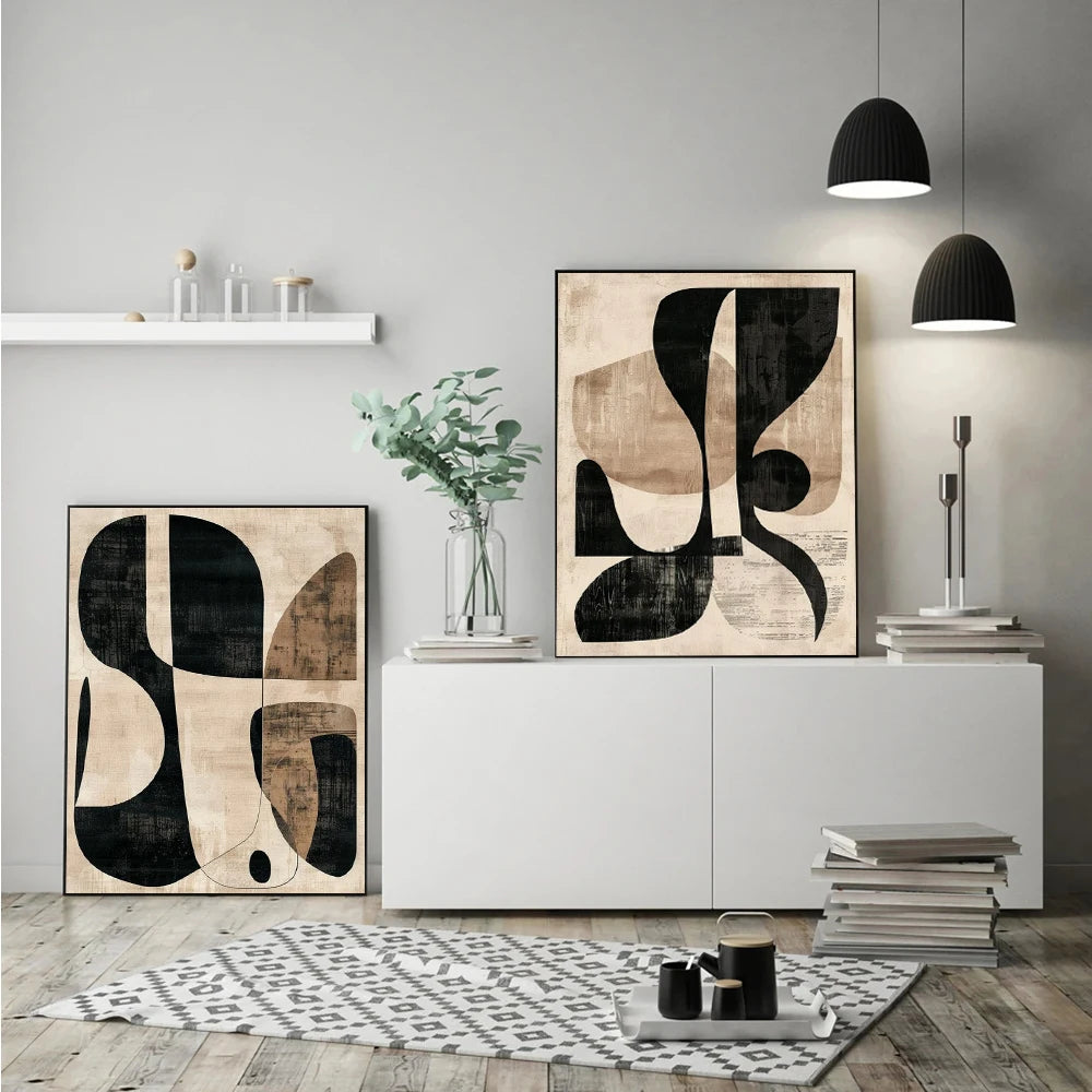 Modern living room with abstract art, white cabinet, and decorative items.