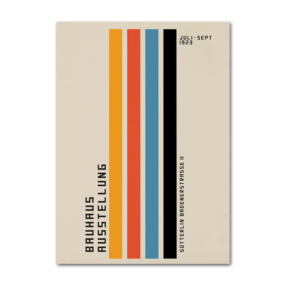 Vertical stripes in yellow, orange, blue, and black.