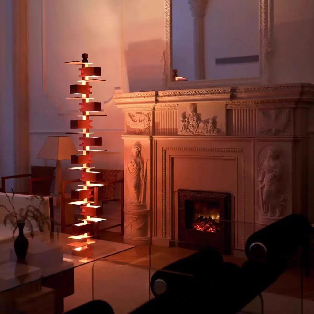 Rosewood grain geometric floor lamp with tall sculptural form, 182cm height and warm glowing light
