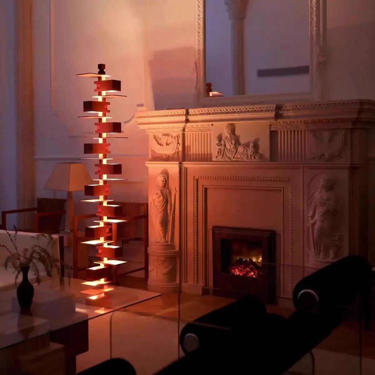 Rosewood grain geometric floor lamp with tall sculptural form, 182cm height and warm glowing light