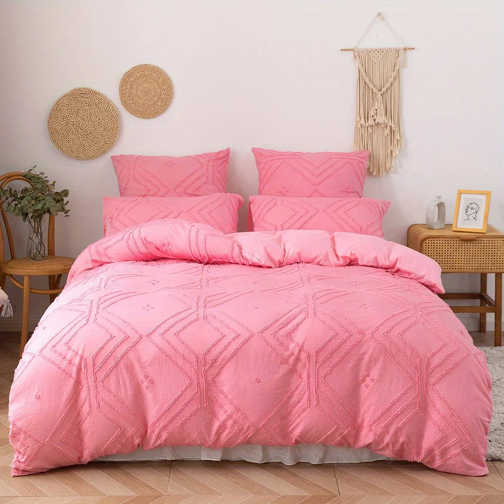 Pink textured duvet cover set styled in a modern bedroom