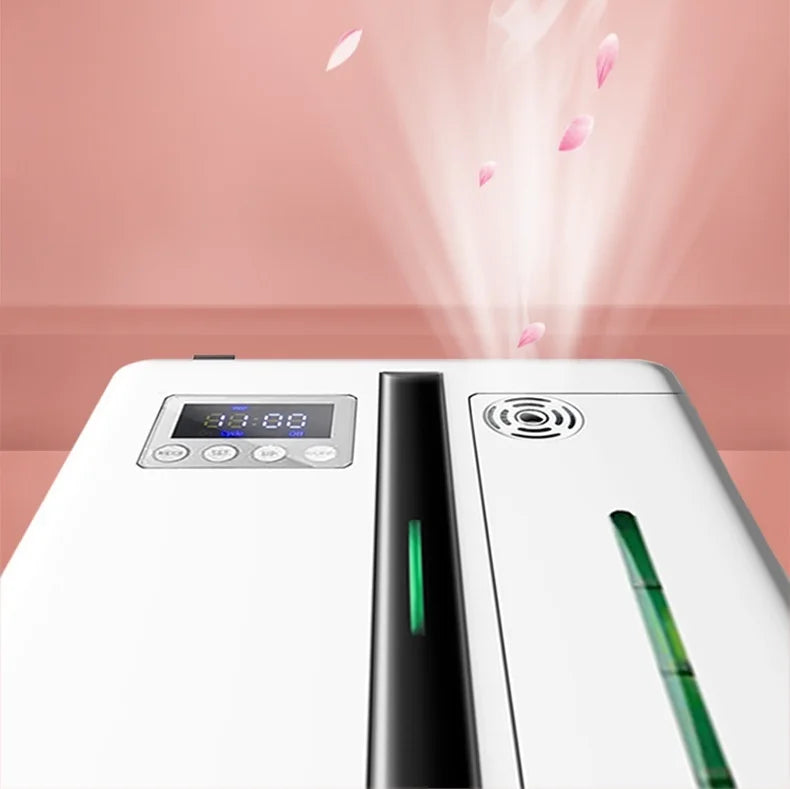 ultrasonic aroma diffuser with Bluetooth connection and 300m³ coverage, wall-mounted white design