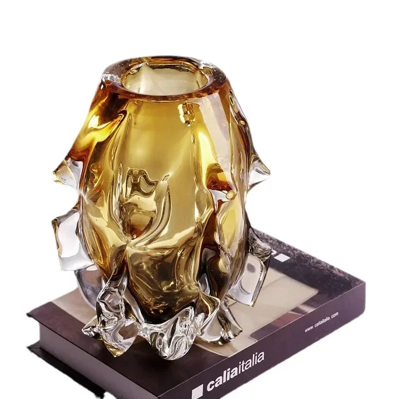 Small 21.5cm thick crystal glass vase featuring an organic molten silhouette.