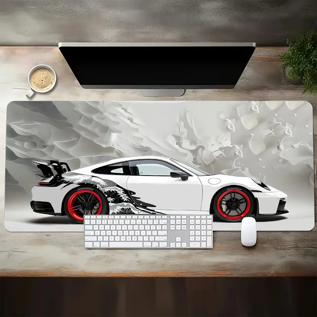 White sports car mouse pad with black graphic detailing and red wheel accents