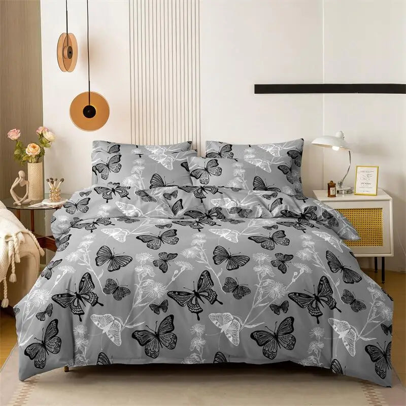 Grey butterfly print duvet cover set with matching pillowcases in a modern bedroom.