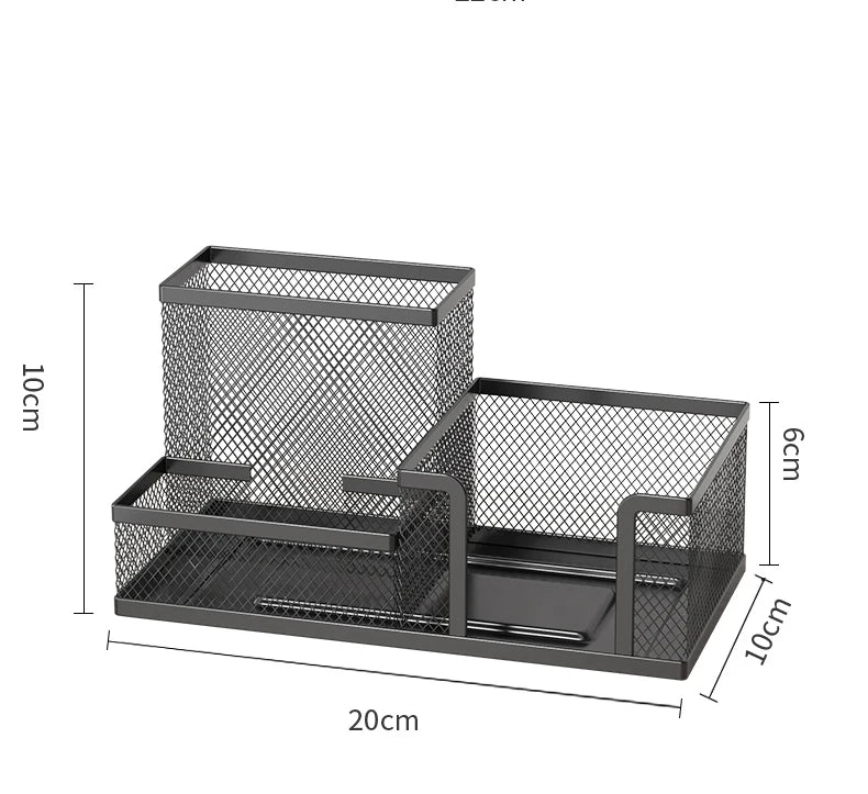 Black mesh desk organizer with dimensions on a white background