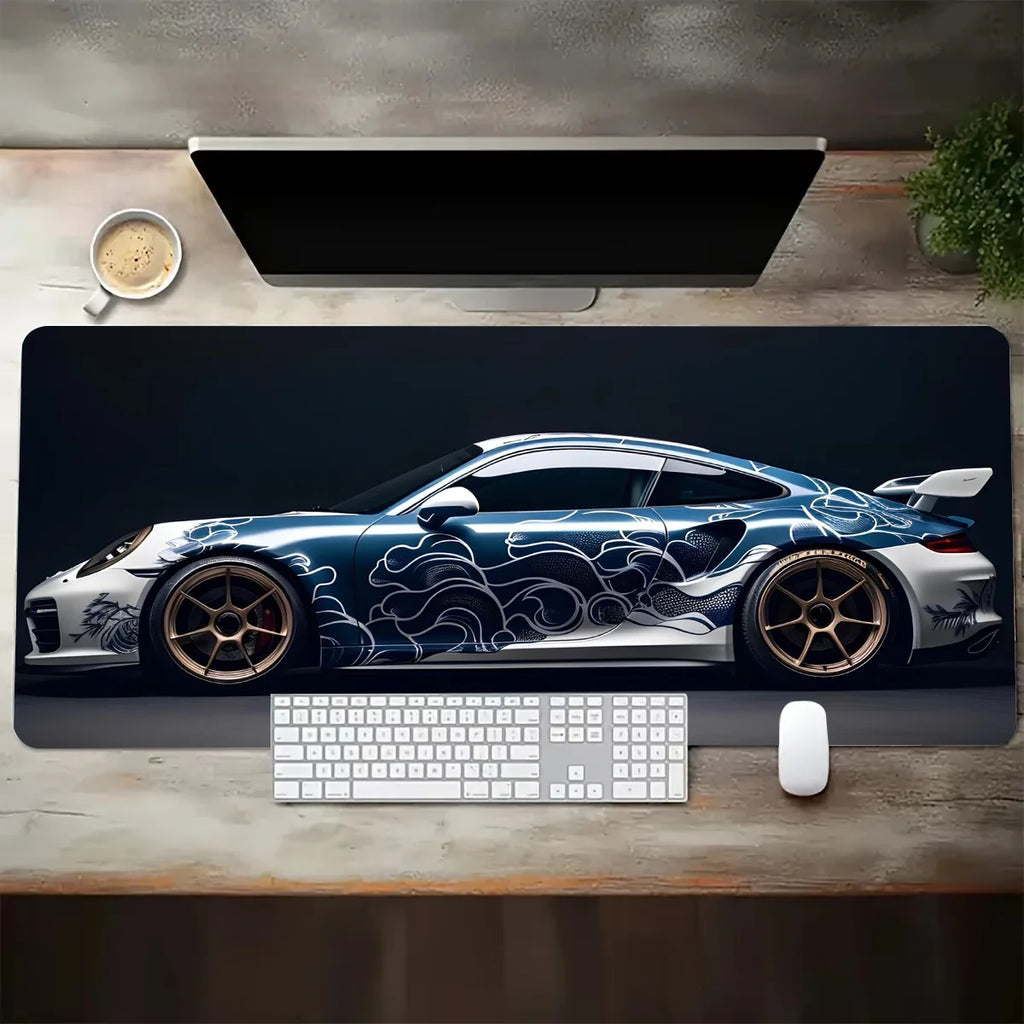 Dark blue sports car mouse pad with wave-inspired line artwork
