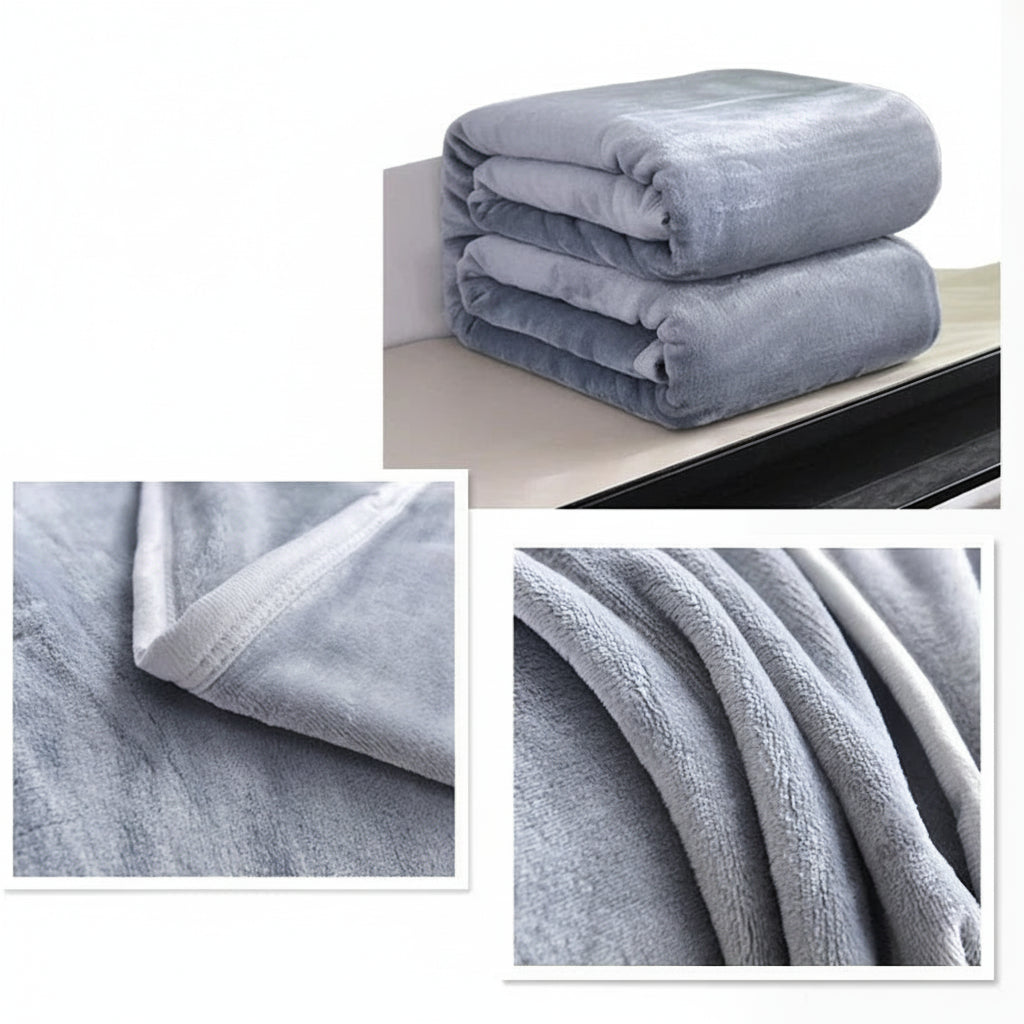 Light grey blanket shown in various settings with close-up details.