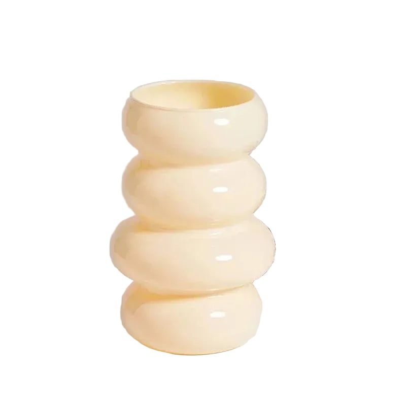 Beige ribbed vase with dimensions on a light grey background