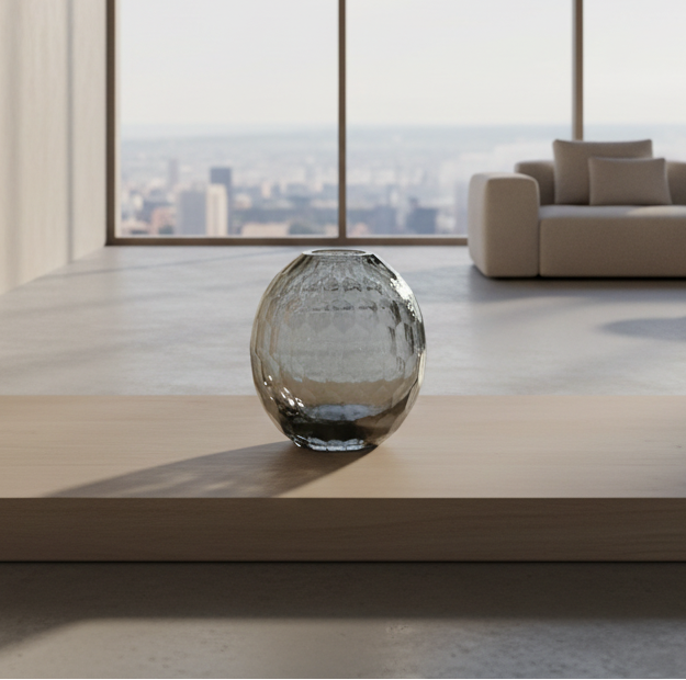 Large smoke grey round faceted glass vase 16cm height