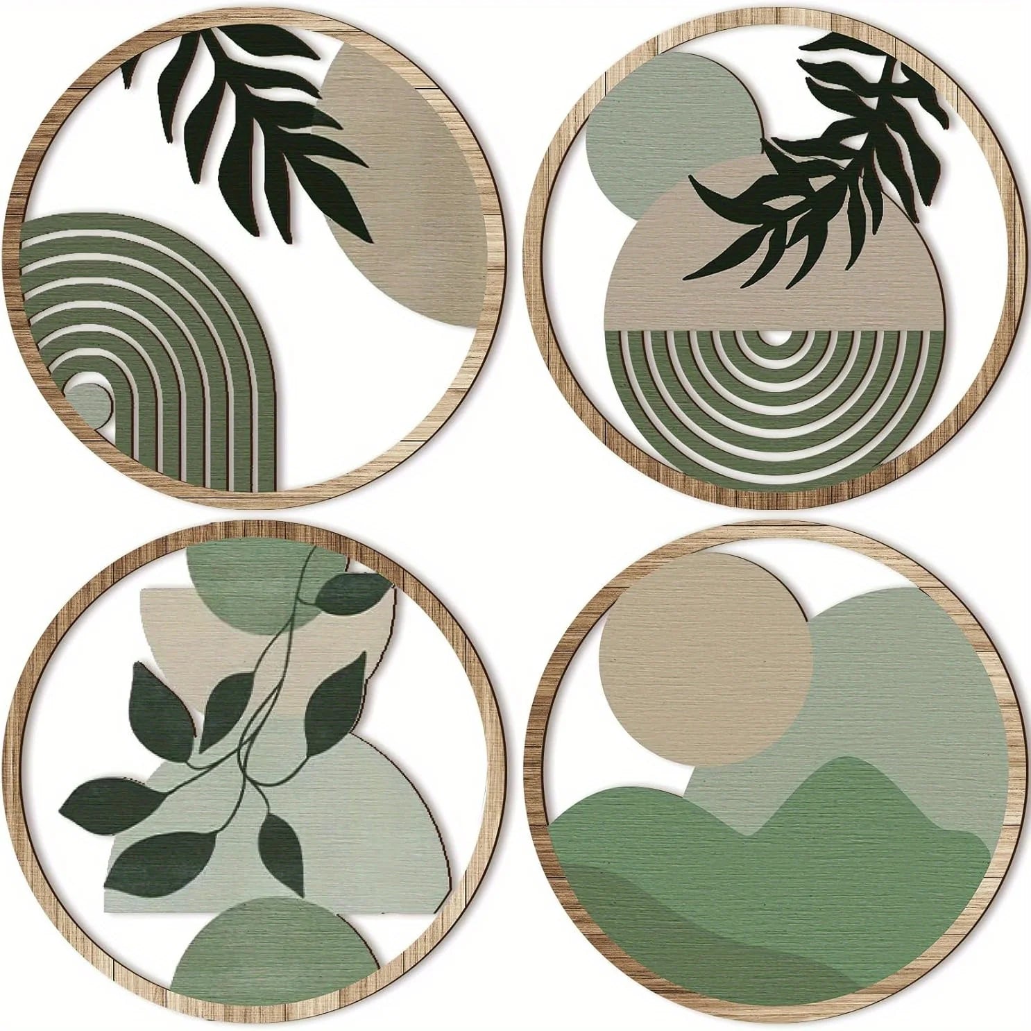 Set of four circular coasters with green and beige abstract designs on a white background