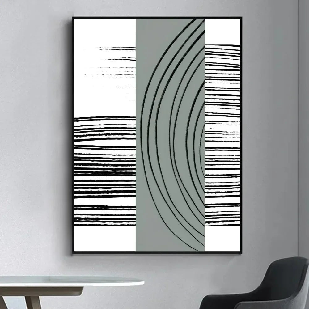 Minimal abstract wall art with sage green centre panel, black linear curves, and striped sections