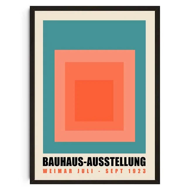 Framed poster with geometric design and text 'BAUHAUS-AUSSTELLUNG' on a white background