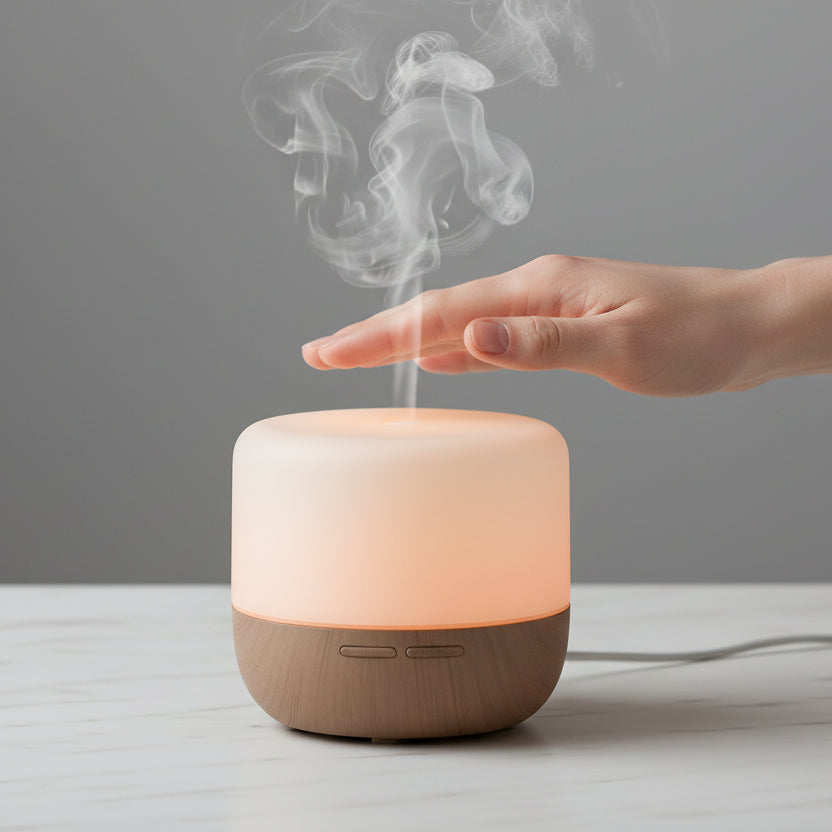 A woman's hand reaching out over a working diffuser.