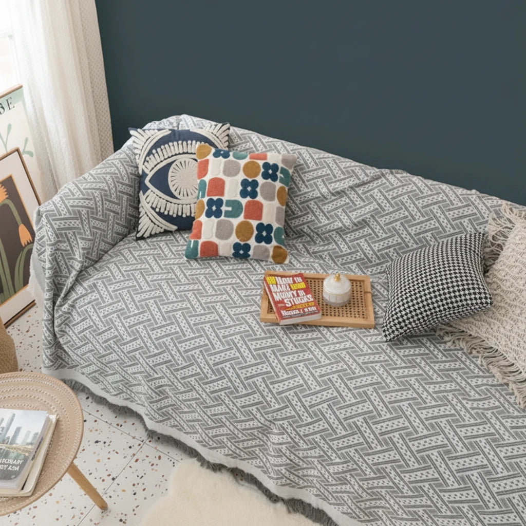 Light grey sofa and chair cover with textured woven pattern and fringe detail