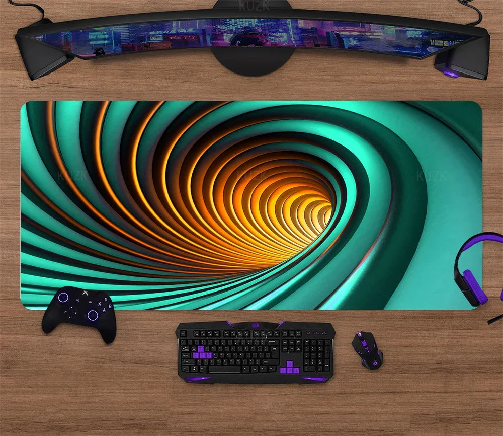 Large gaming desk mat with colourful spiral tunnel artwork