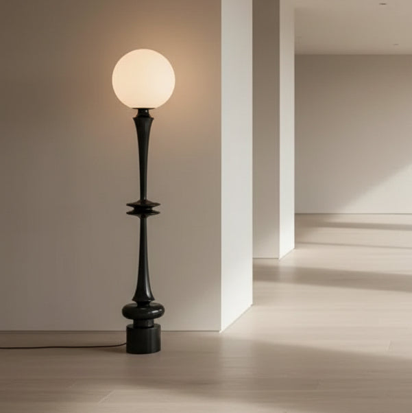 Black globe floor lamp, frosted shade, D25cm x H115cm, E27 LED