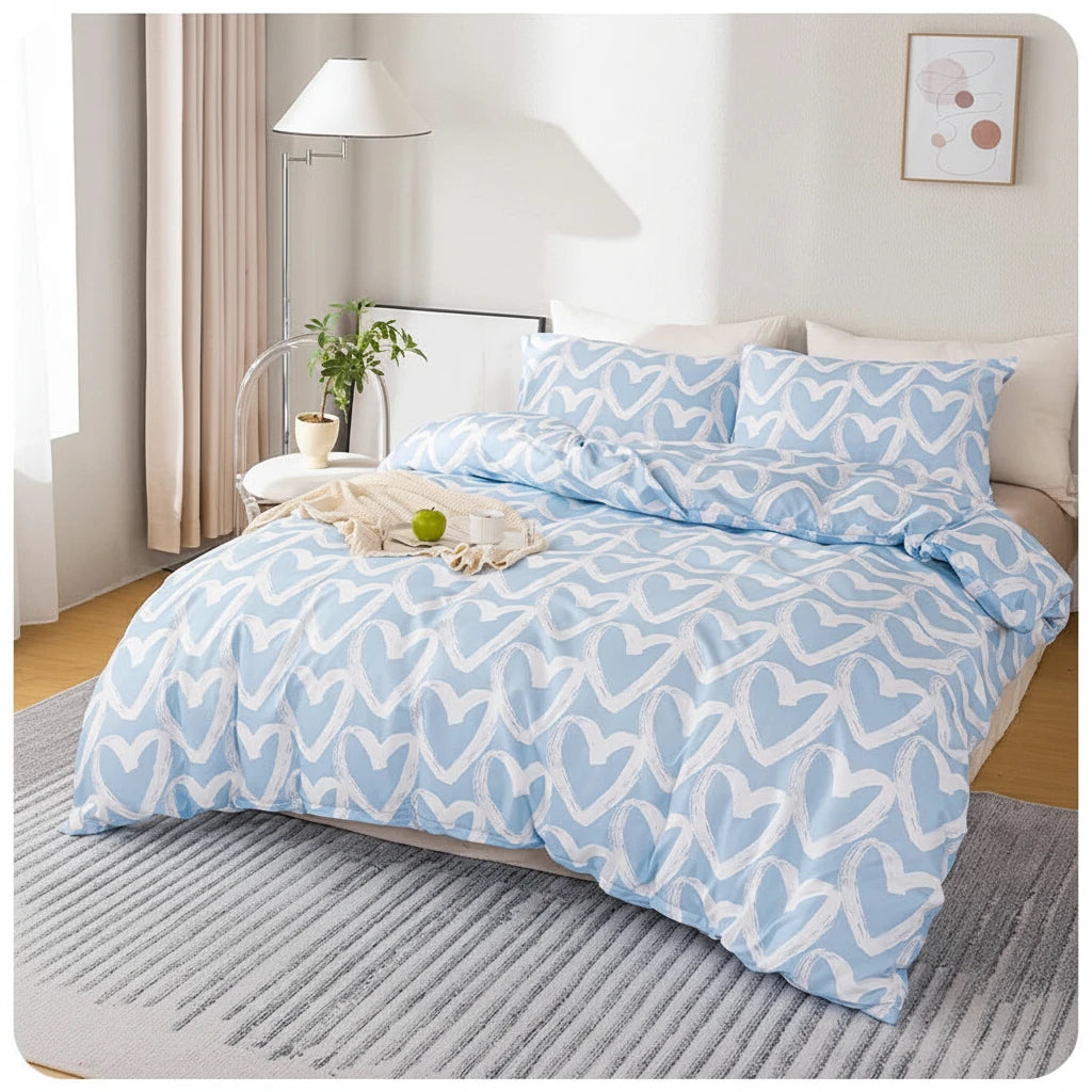 Blue and white patterned duvet cover set with two pillows on a bed in a bedroom.