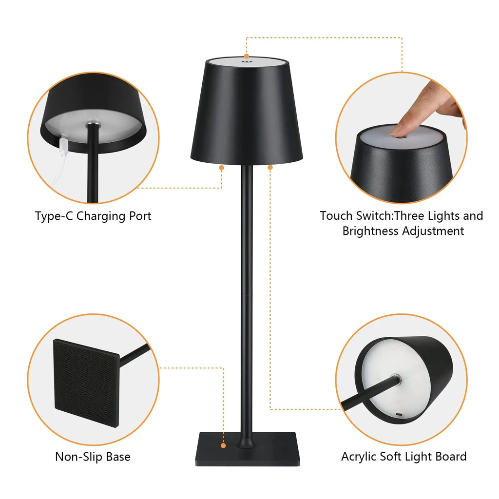Black table lamp with features highlighted on a white background