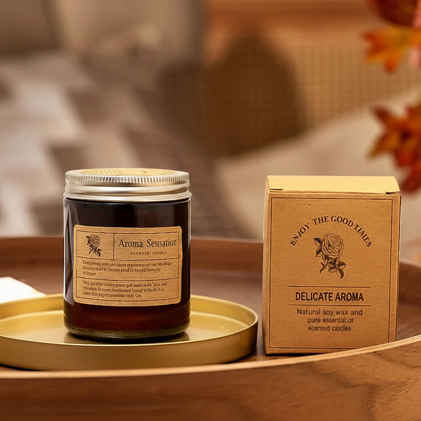  Glass jar aromatherapy with packaging on a wooden surface