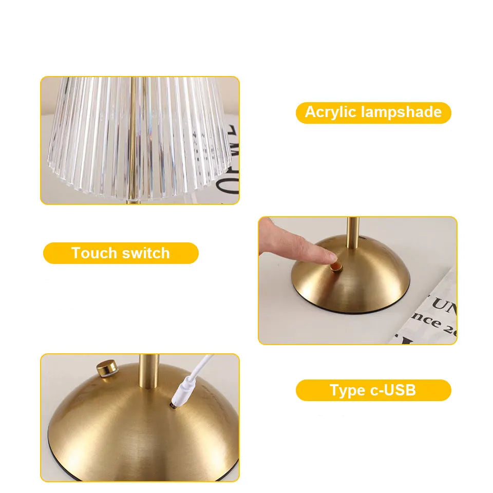Product details of a lamp with acrylic lampshade, touch switch, and USB interface on a white background.